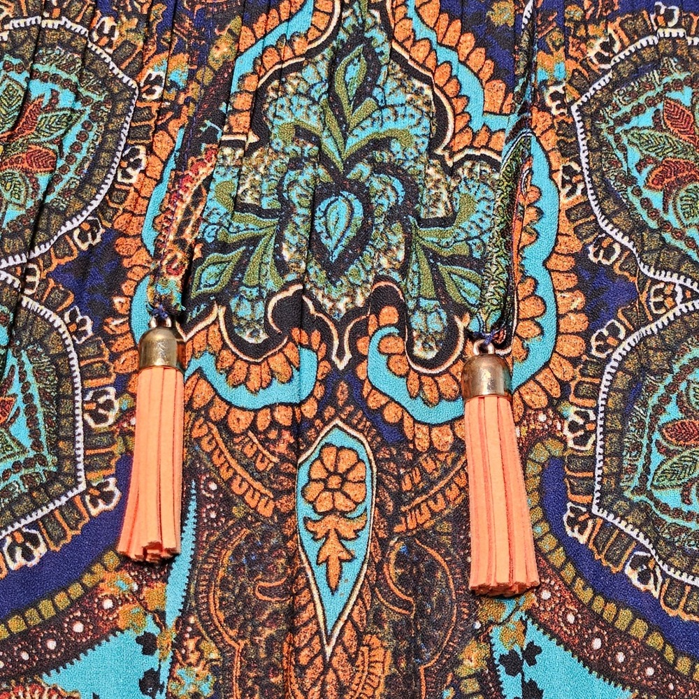 Melissa Paige Blouse Womens PL Petite Blue Orange Paisley Tassel Peasant Top